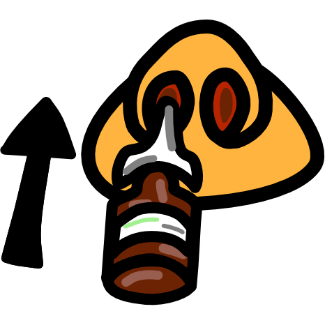 a yellow nose seen from below has a nasal spray in a brown bottle inserted into one nostril. A black arrow sits next to it pointing forward.